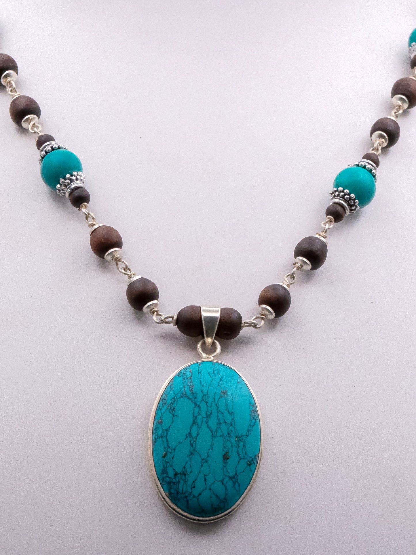 Blue Turquoise Pendant Silver Tulasi Mala Earring Set