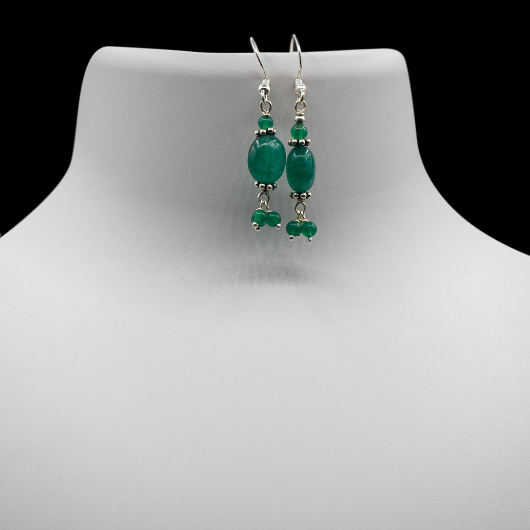 Green Onyx Pendant Silver Tulasi Mala Earring Set