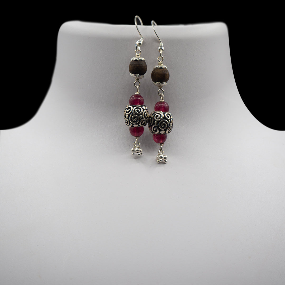 Pink Jade Engraved Silver Beads Mala - Earring Set