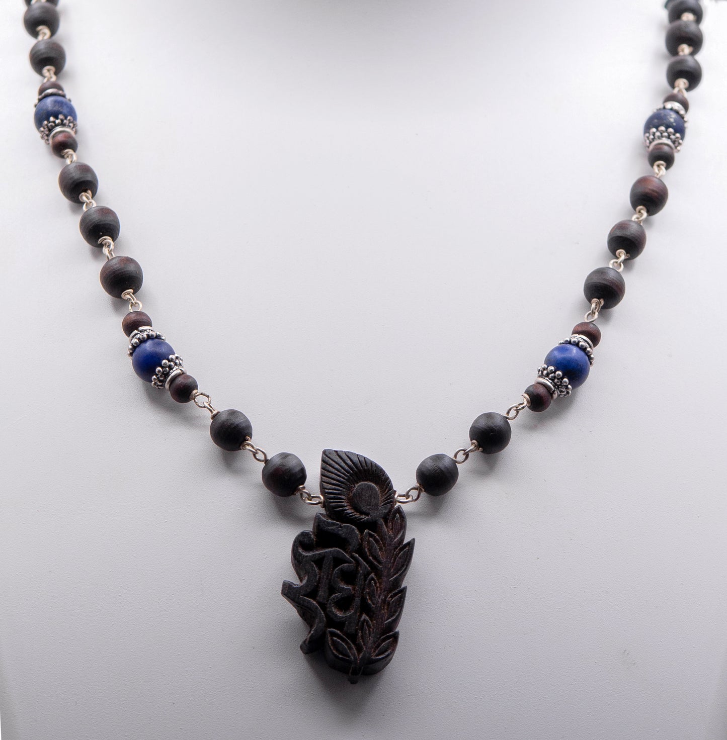Engraved Radha Tulasi Pendant With Lapis Lazuli