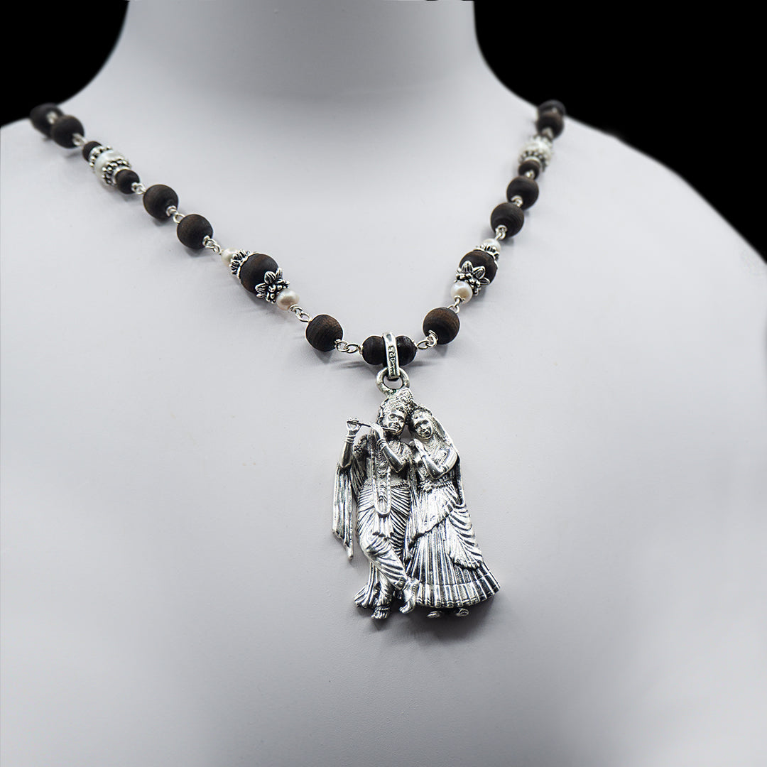 Pearl Tulasi Mala With a Radha Krishna Pendant.