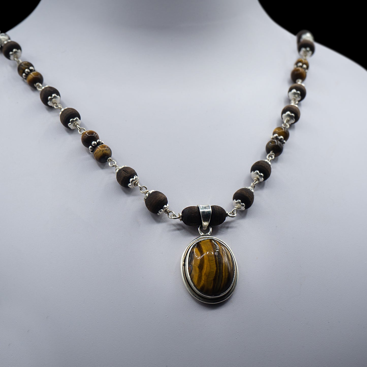 Brown Round beads Tiger Stone pendant Mala
