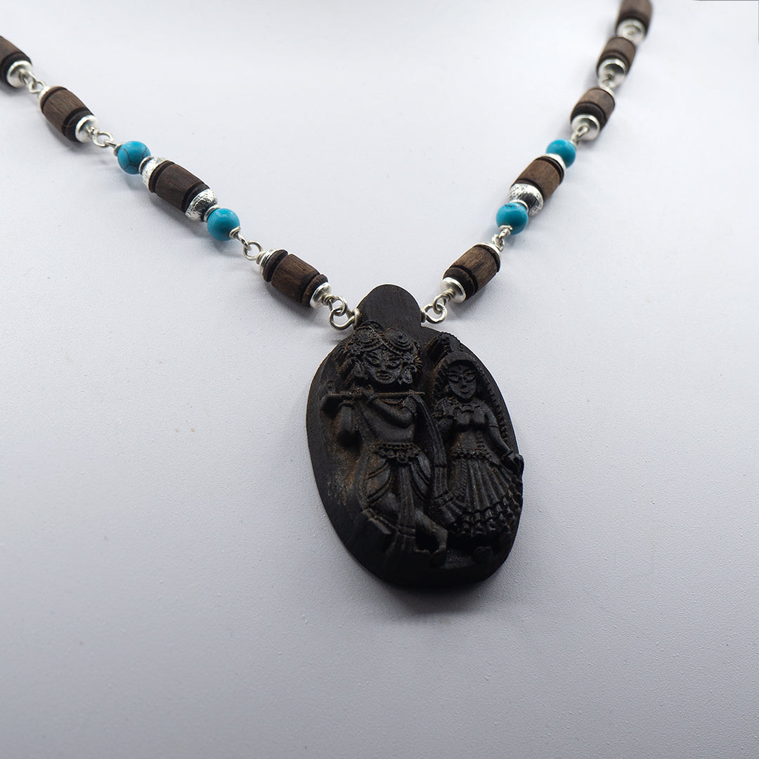 Turquoise stones Mala with Wood Carved Radha Krishna Pendant