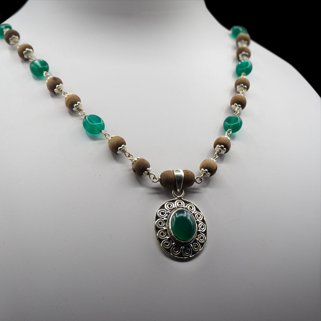 Green Onyx Pendant Silver Tulasi Mala Earring Set