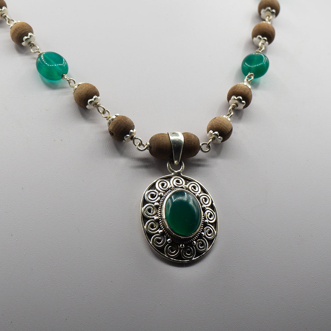 Green Onyx Pendant Silver Tulasi Mala Earring Set