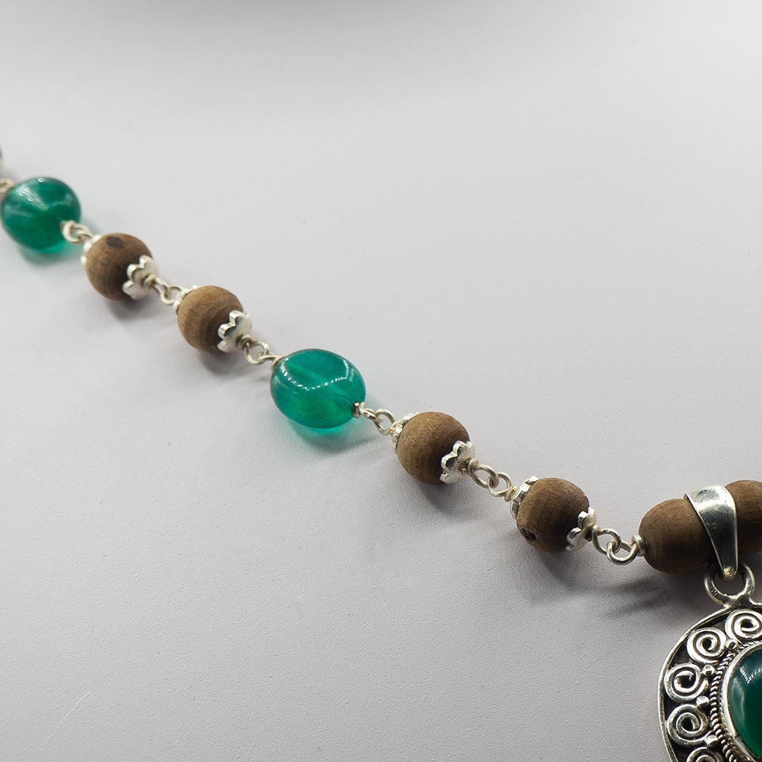 Green Onyx Pendant Silver Tulasi Mala Earring Set