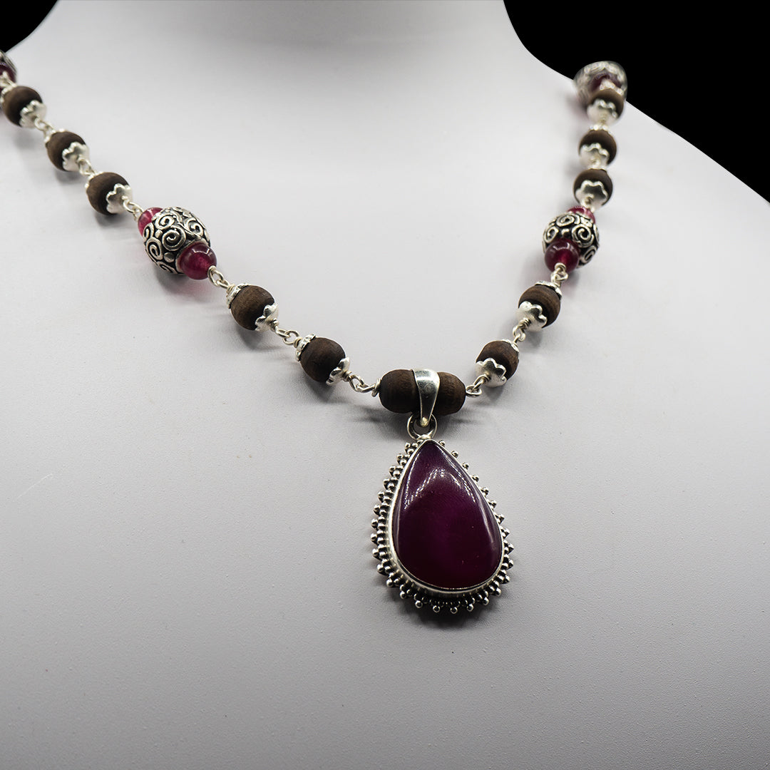 Pink Jade Engraved Silver Beads Mala - Earring Set