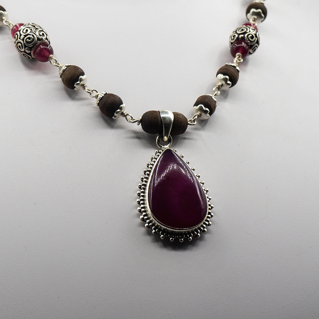 Pink Jade Engraved Silver Beads Mala - Earring Set