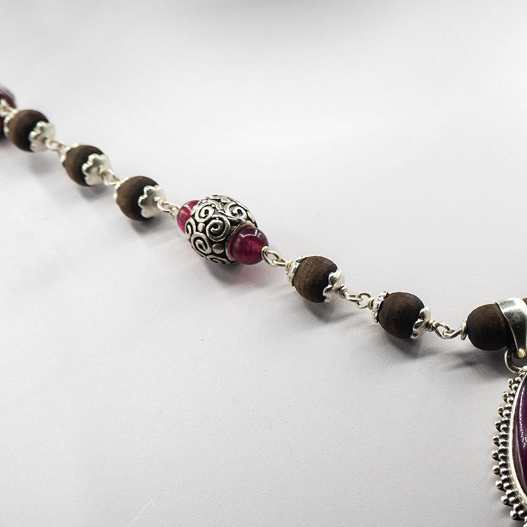 Pink Jade Engraved Silver Beads Mala - Earring Set