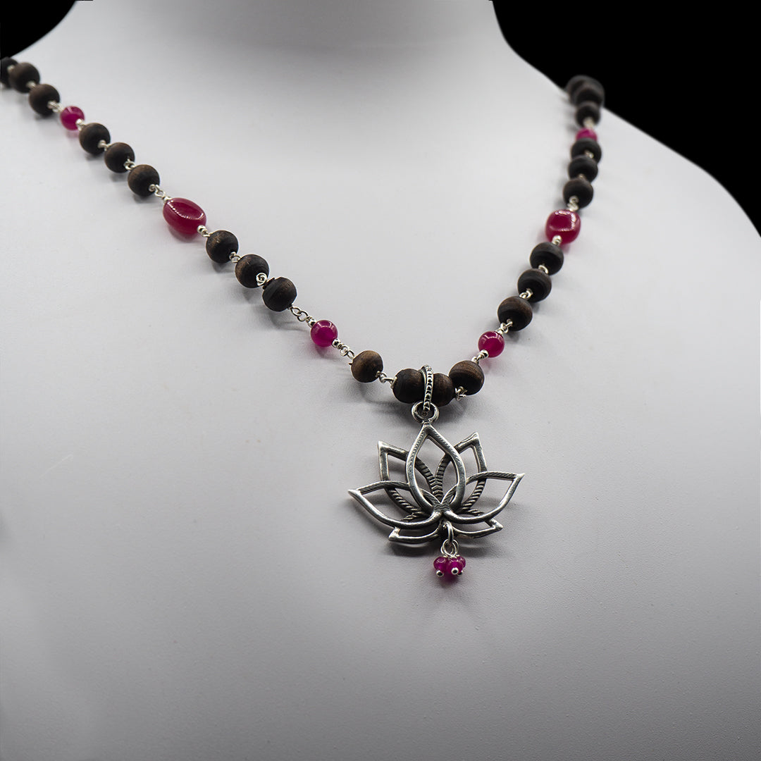 Lotus pendant Pink Onyx Stone Silver Kanti Mala