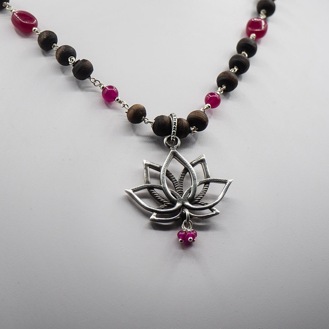 Lotus pendant Pink Onyx Stone Silver Kanti Mala
