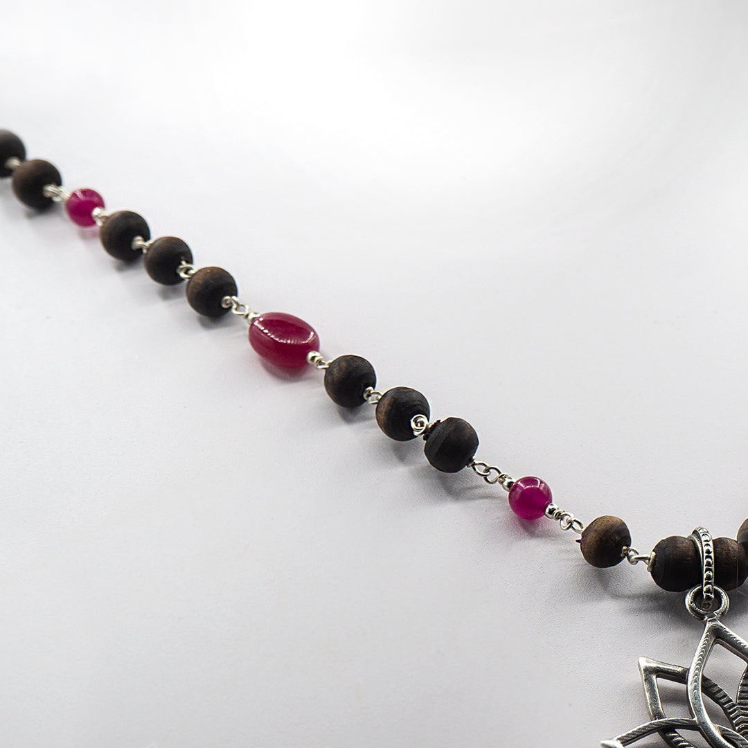 Lotus pendant Pink Onyx Stone Silver Kanti Mala