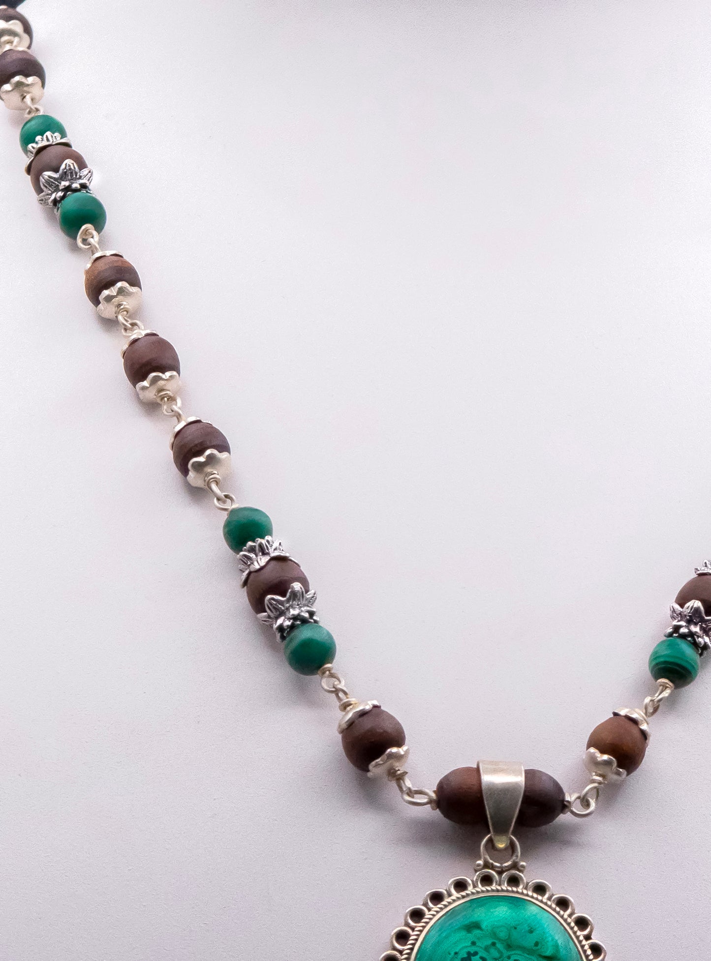 Malachite Pendent with Lotus Cap Earring Mala Set
