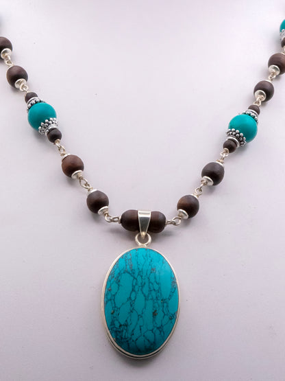 Blue Turquoise Pendant Silver Tulasi Mala Earring Set