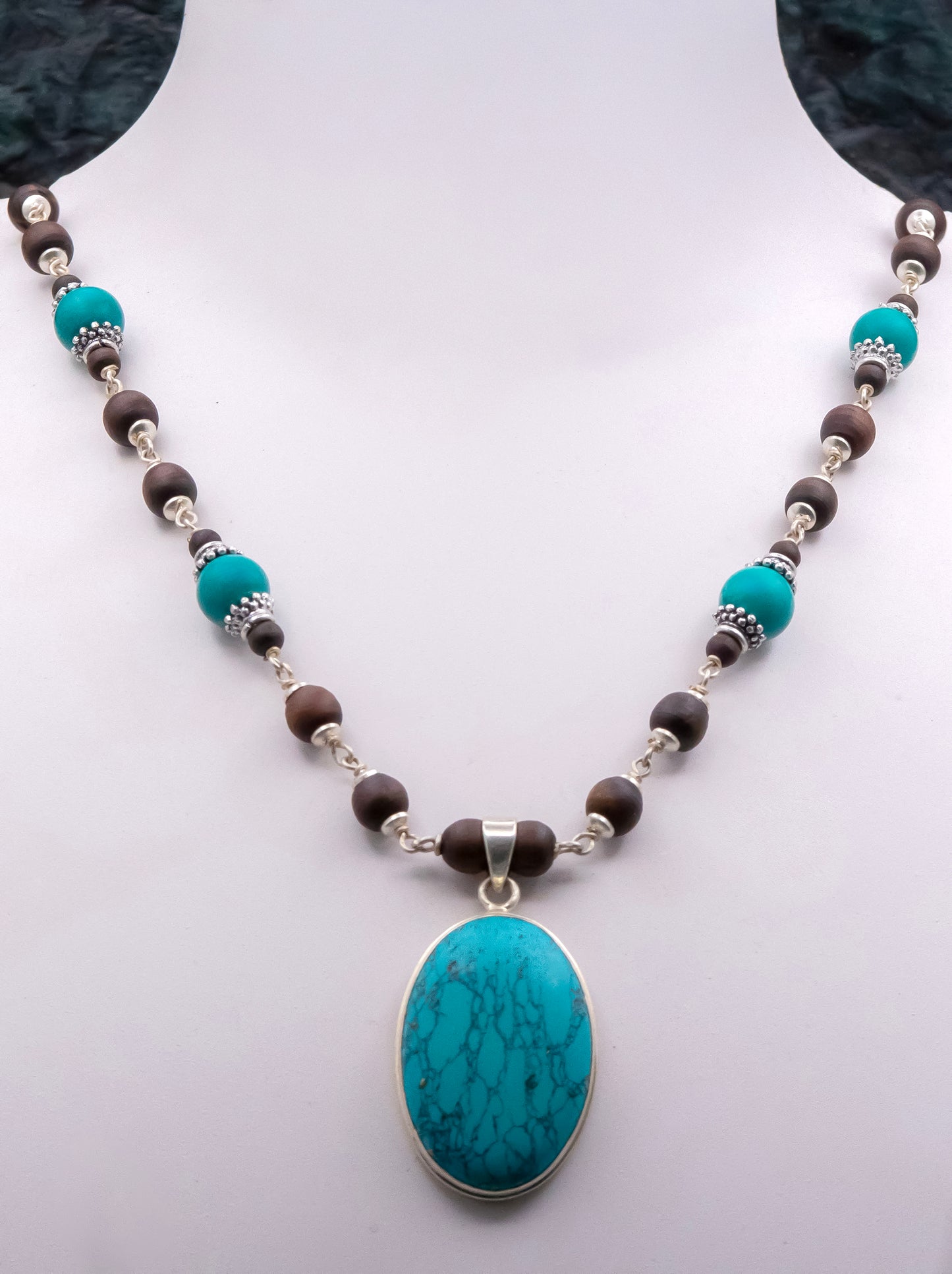 Blue Turquoise Pendant Silver Tulasi Mala Earring Set