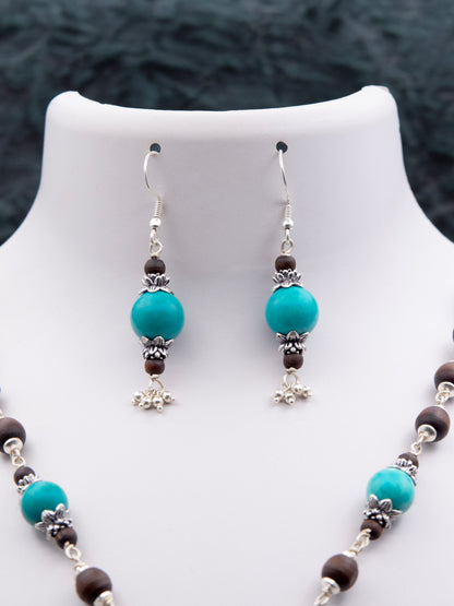 Blue Turquoise Pendant Silver Tulasi Mala Earring Set