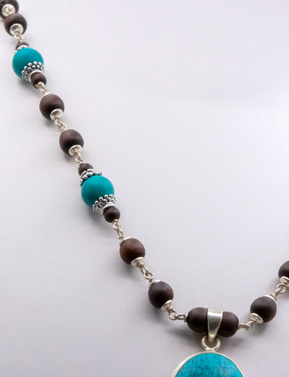 Blue Turquoise Pendant Silver Tulasi Mala Earring Set