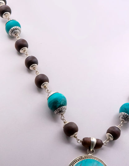 Blue Turquoise Pendant Silver Tulasi Mala Earring Set