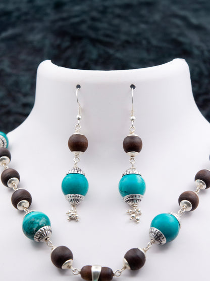 Blue Turquoise Pendant Silver Tulasi Mala Earring Set
