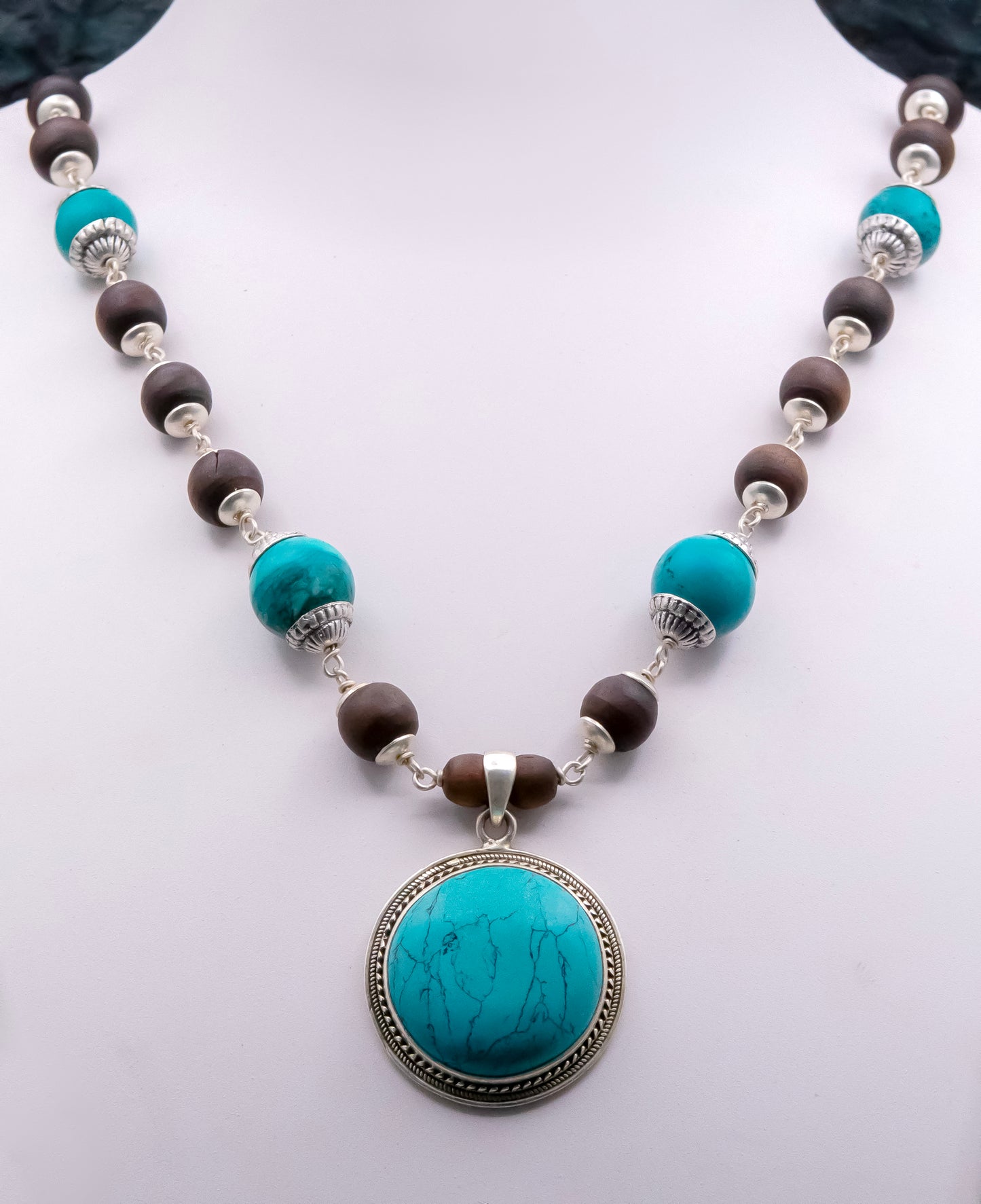 Blue Turquoise Pendant Silver Tulasi Mala Earring Set