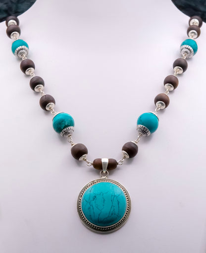 Blue Turquoise Pendant Silver Tulasi Mala Earring Set