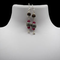 Pink Jade Engraved Silver Beads Mala - Earring Set