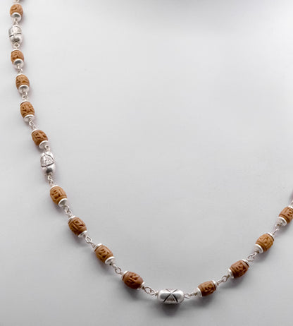 Engraved Tulasi With Silver Beads Mala