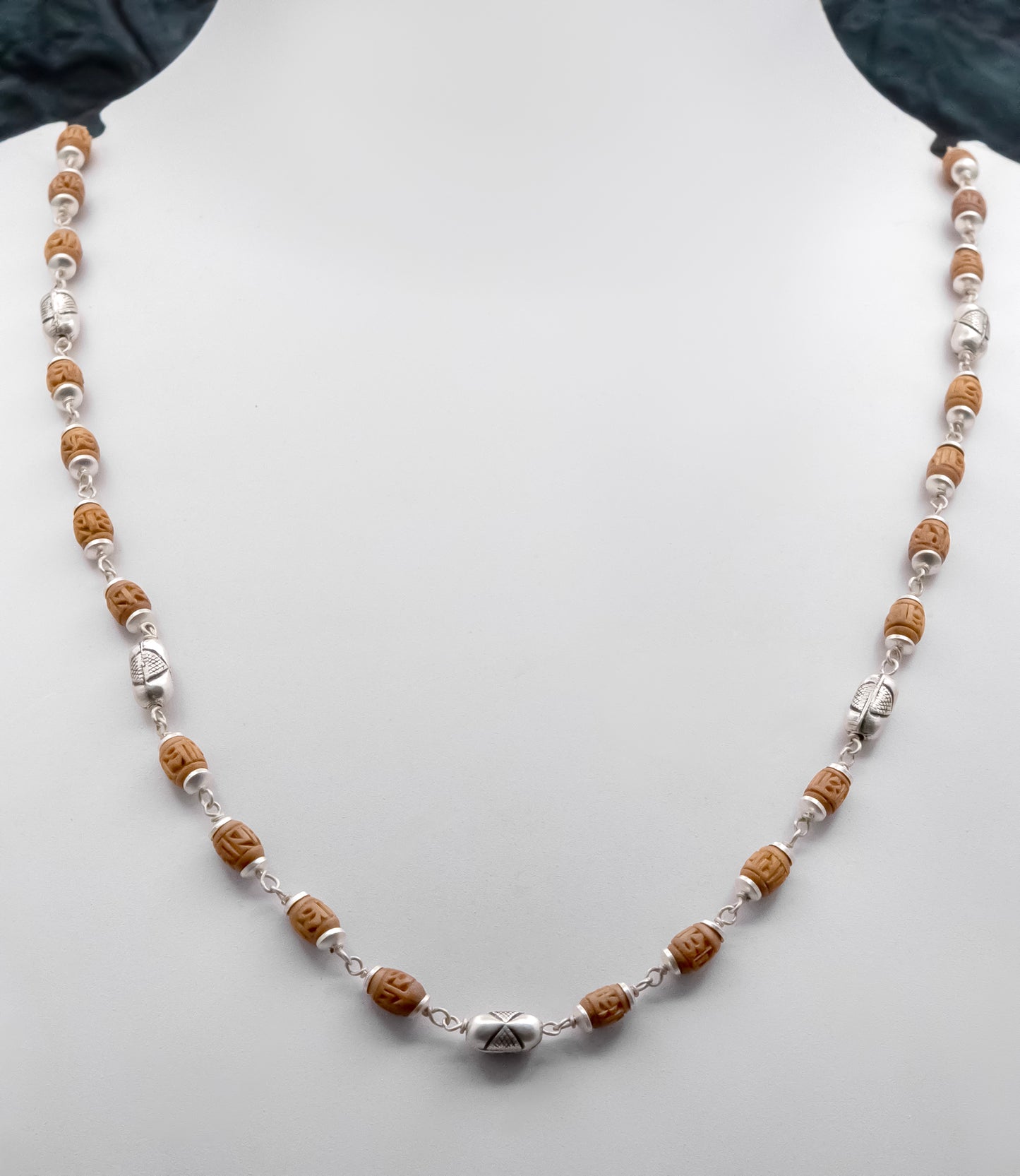 Engraved Tulasi With Silver Beads Mala
