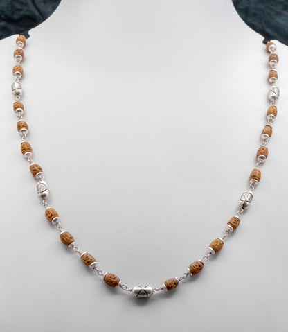 Engraved Tulasi With Silver Beads Mala