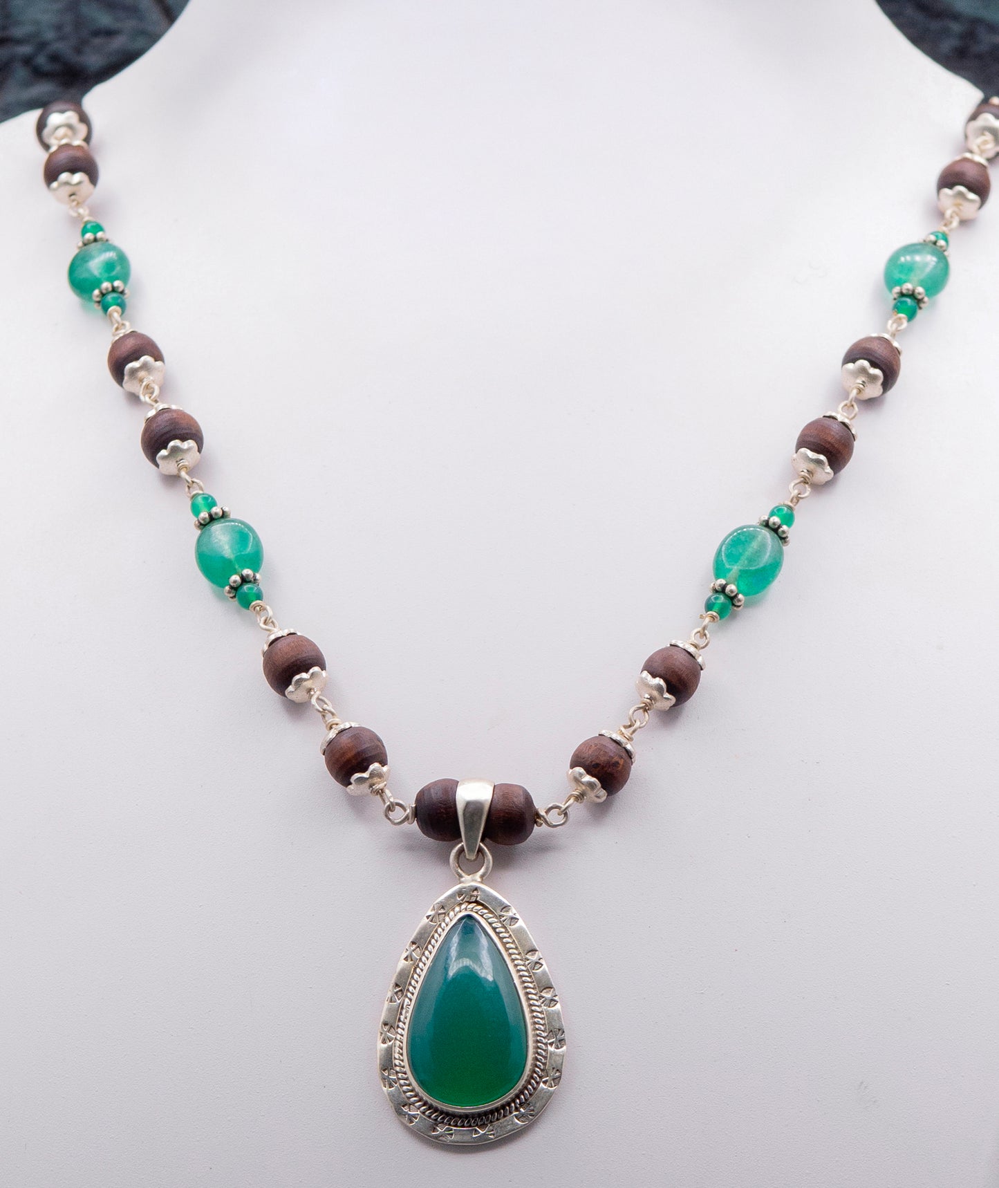 Green Onyx Pendant Silver Tulasi Mala Earring Set