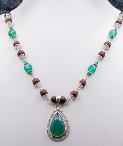 Green Onyx Pendant Silver Tulasi Mala Earring Set
