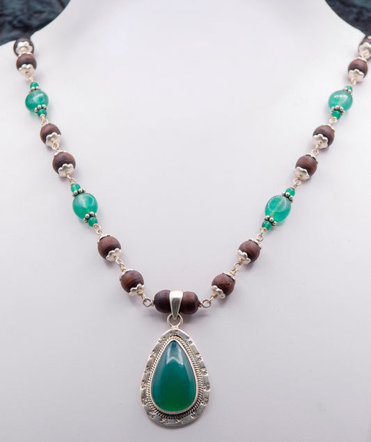 Green Onyx Pendant Silver Tulasi Mala Earring Set