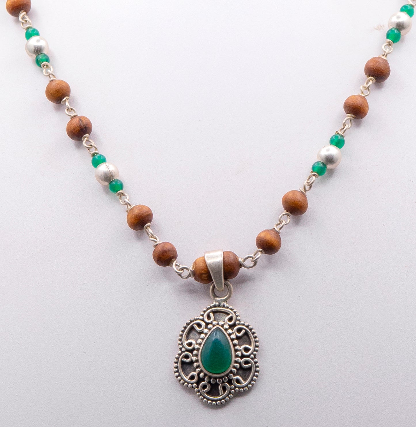 Green Onyx Pendant Silver Tulasi Mala Earring Set