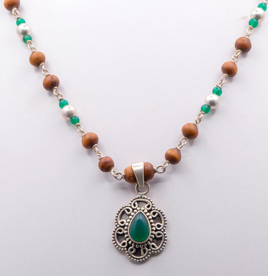 Green Onyx Pendant Silver Tulasi Mala Earring Set