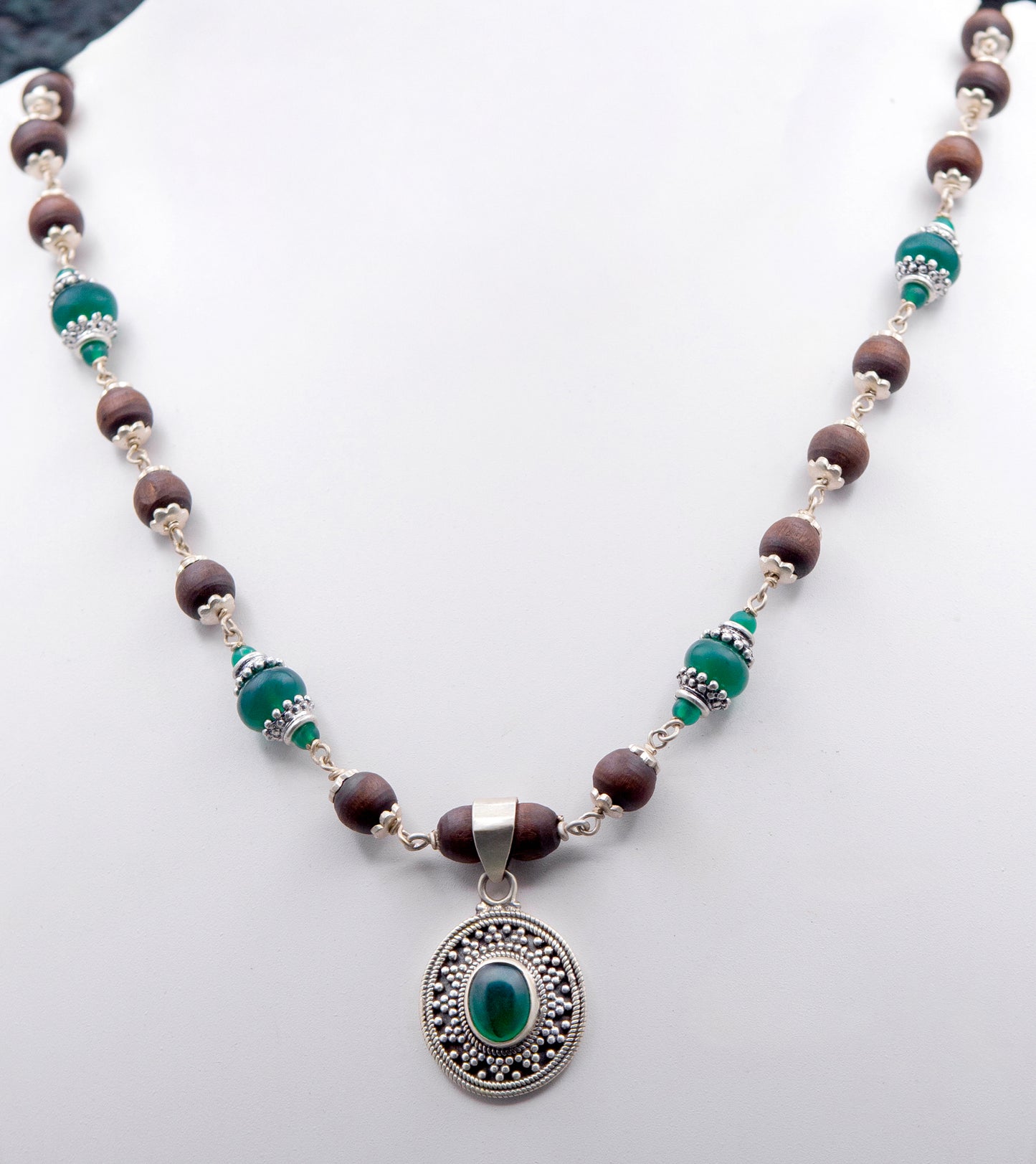 Green Onyx Pendant Silver Tulasi Mala Earring Set