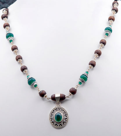 Green Onyx Pendant Silver Tulasi Mala Earring Set