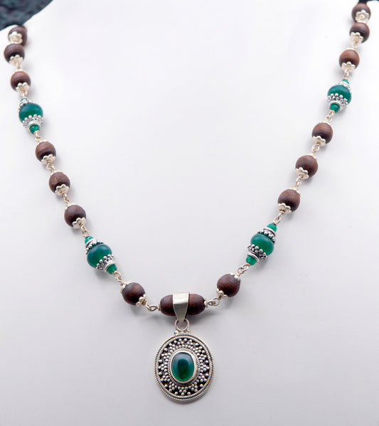 Green Onyx Pendant Silver Tulasi Mala Earring Set