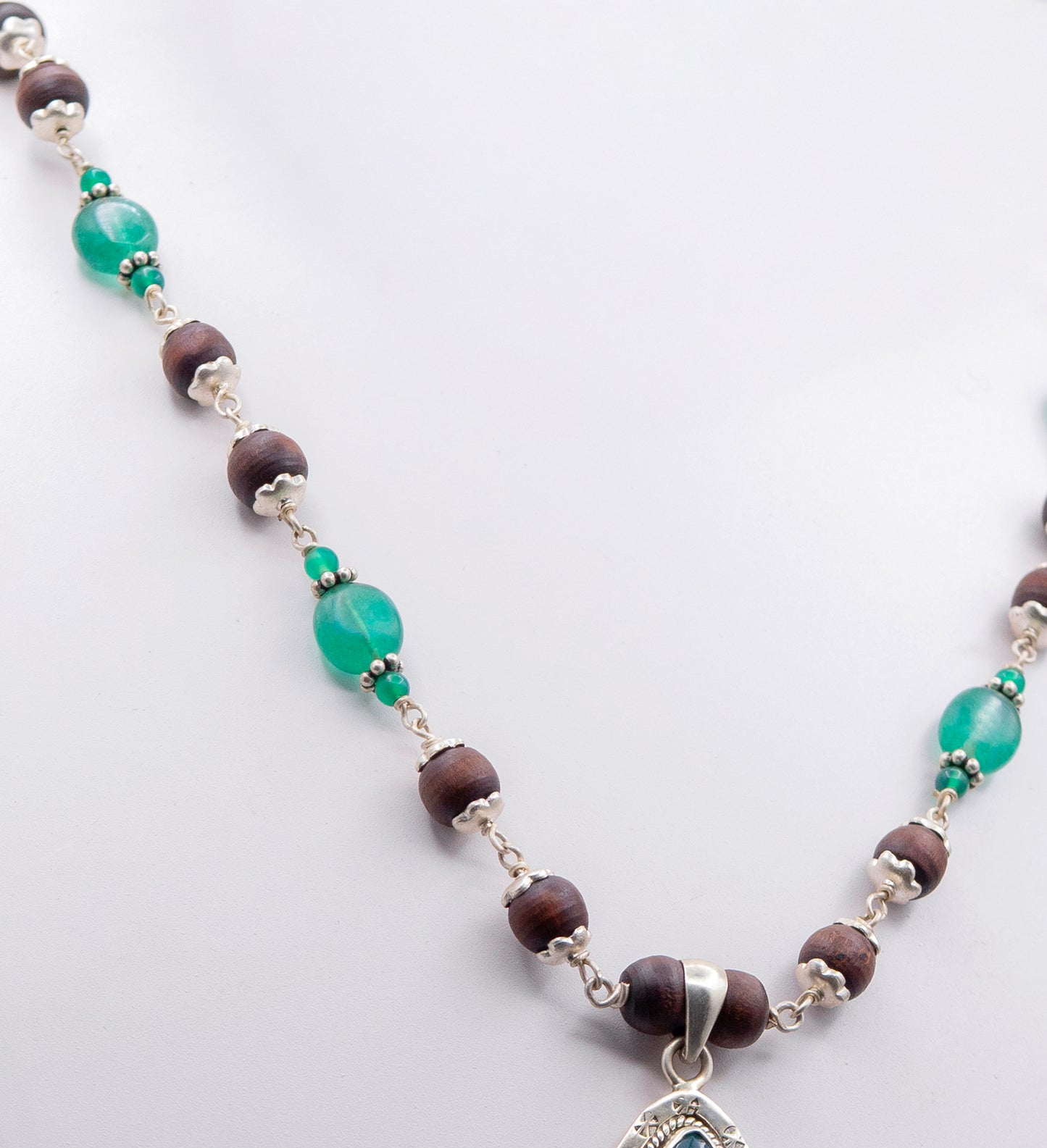 Green Onyx Pendant Silver Tulasi Mala Earring Set