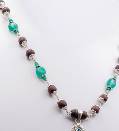 Green Onyx Pendant Silver Tulasi Mala Earring Set