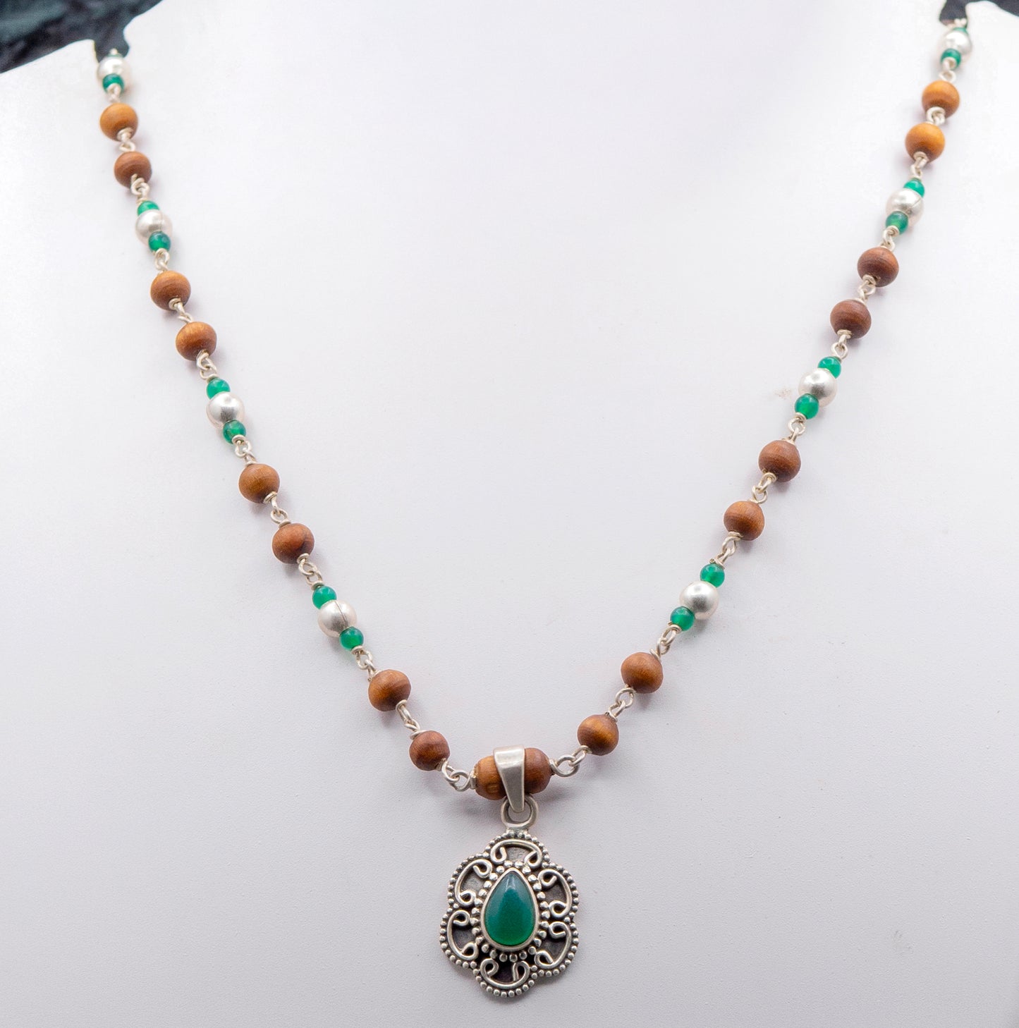 Green Onyx Pendant Silver Tulasi Mala Earring Set