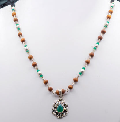 Green Onyx Pendant Silver Tulasi Mala Earring Set