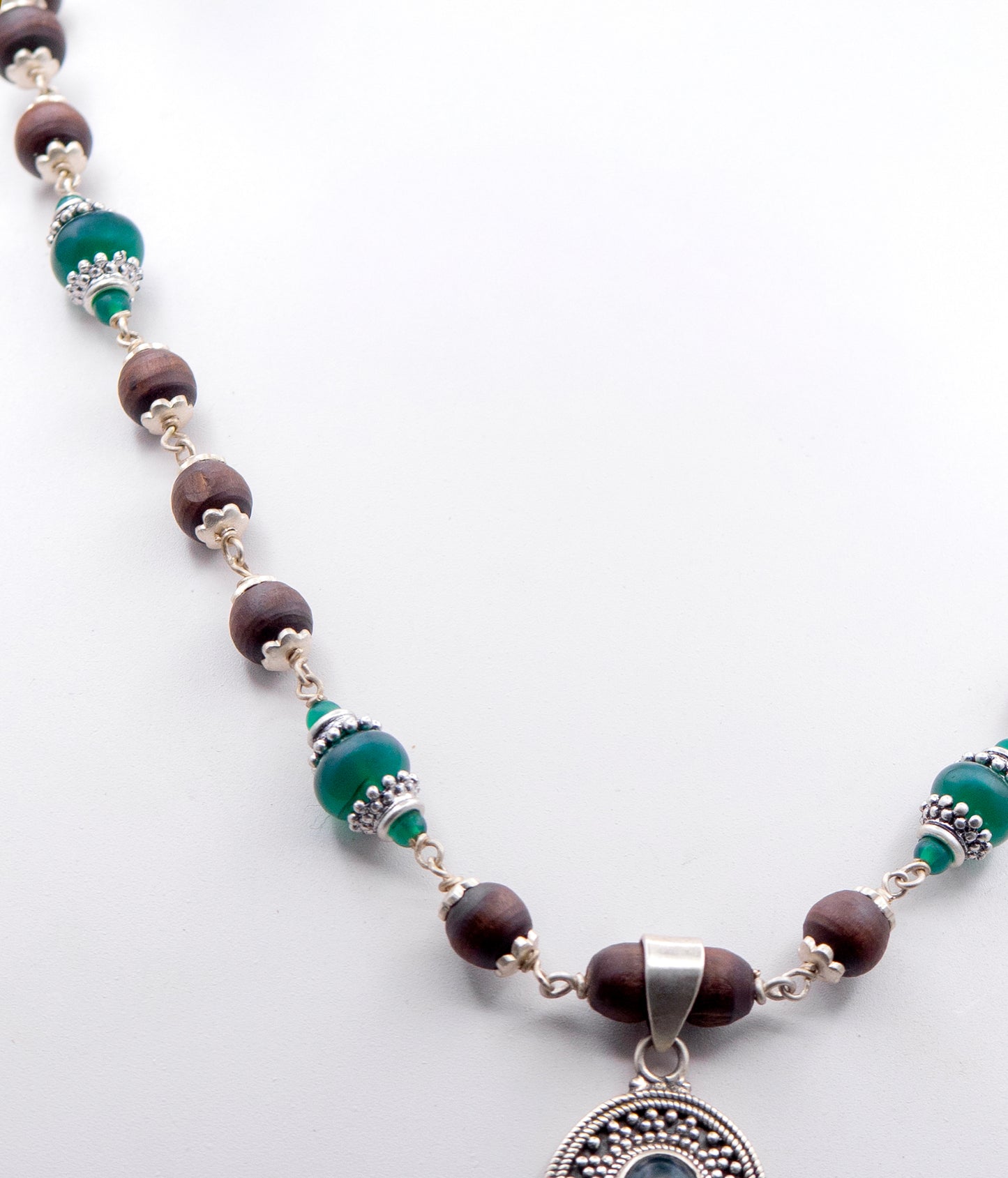 Green Onyx Pendant Silver Tulasi Mala Earring Set