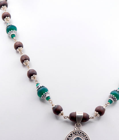 Green Onyx Pendant Silver Tulasi Mala Earring Set