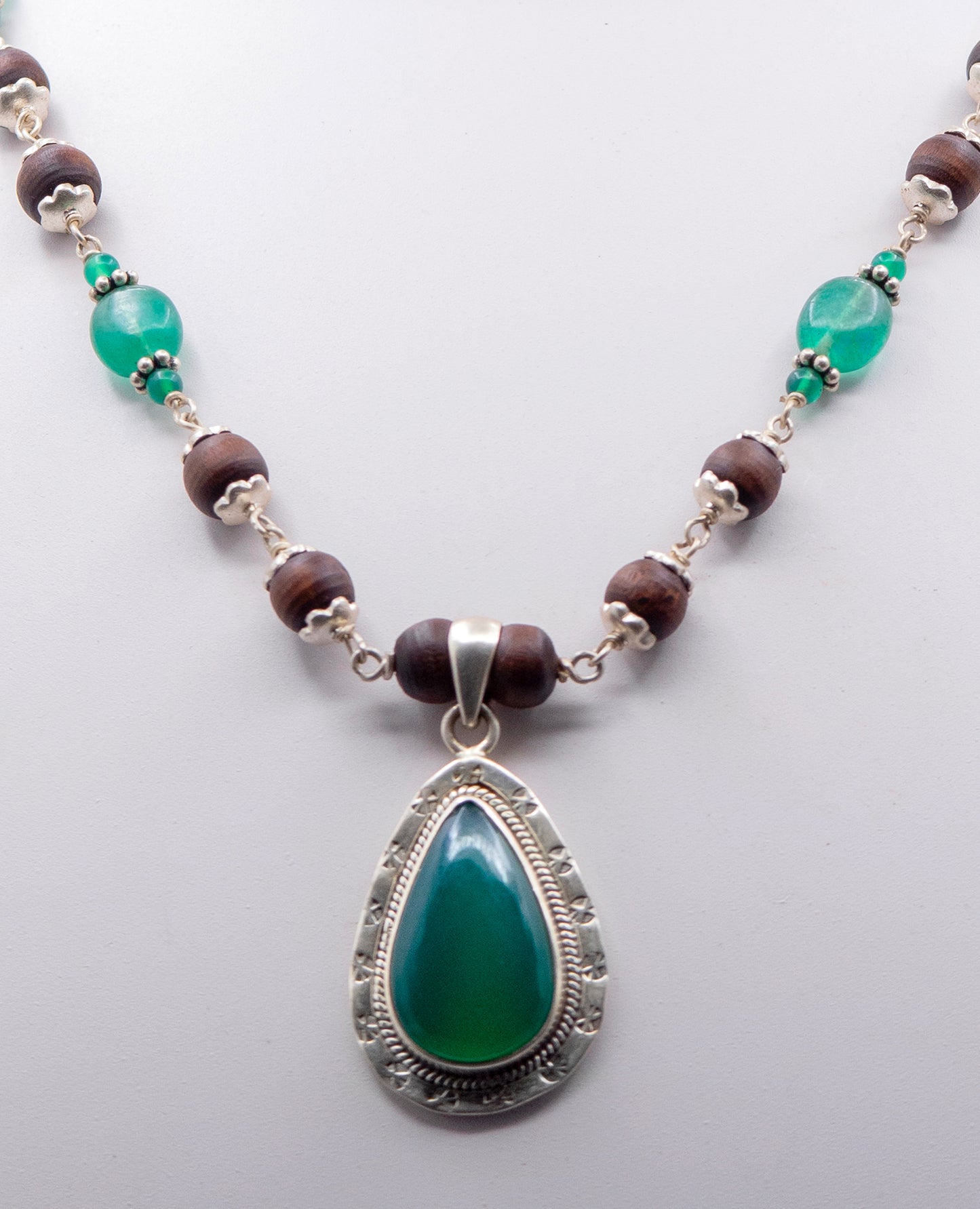 Green Onyx Pendant Silver Tulasi Mala Earring Set