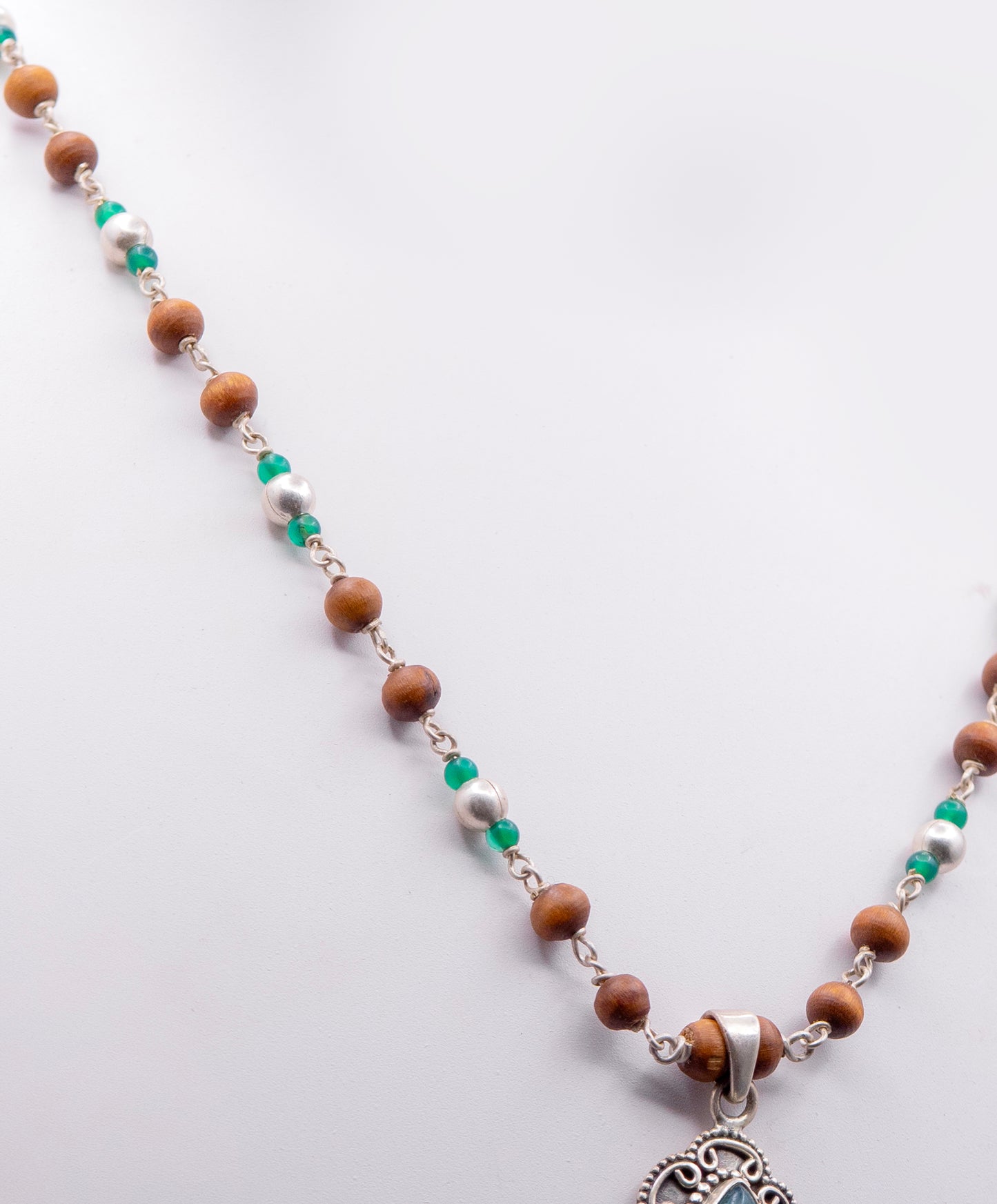 Green Onyx Pendant Silver Tulasi Mala Earring Set