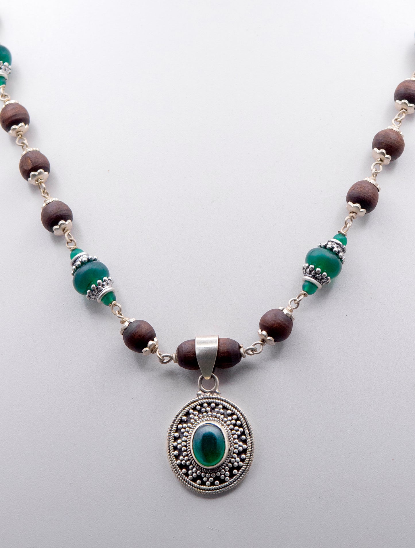 Green Onyx Pendant Silver Tulasi Mala Earring Set