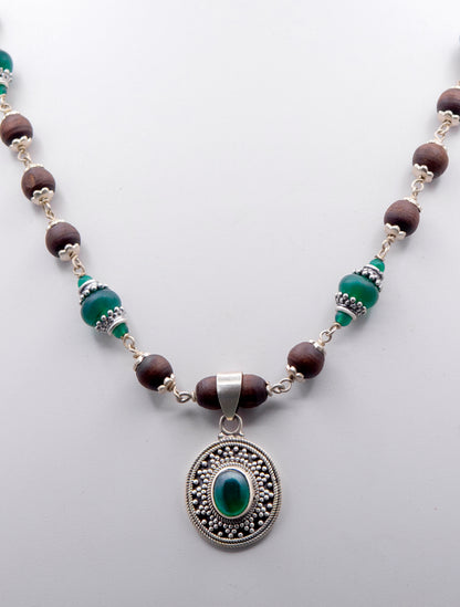 Green Onyx Pendant Silver Tulasi Mala Earring Set
