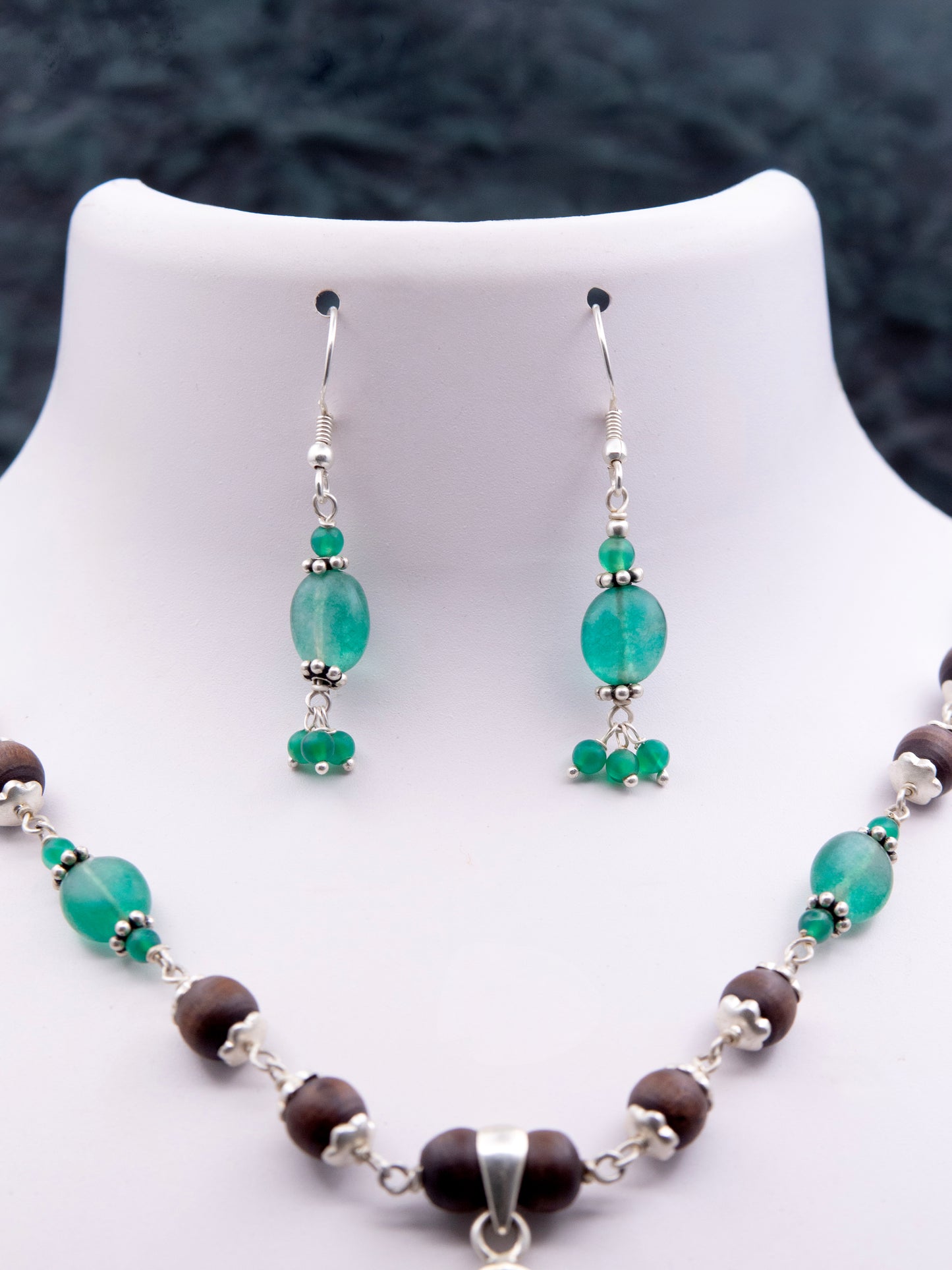 Green Onyx Pendant Silver Tulasi Mala Earring Set