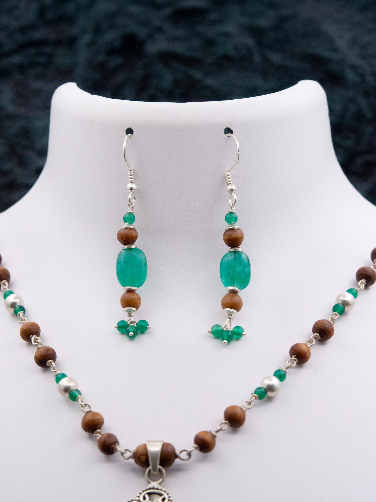 Green Onyx Pendant Silver Tulasi Mala Earring Set