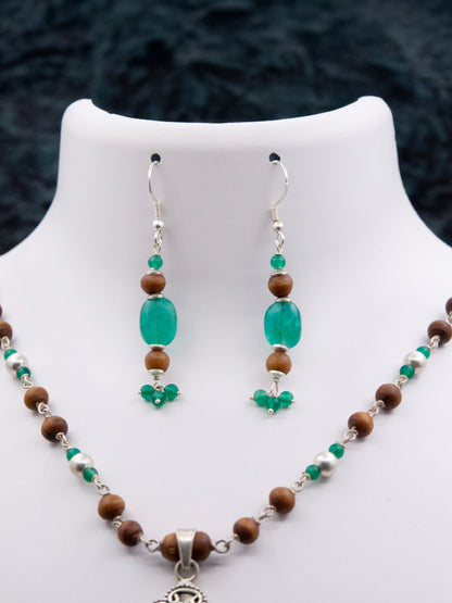 Green Onyx Pendant Silver Tulasi Mala Earring Set